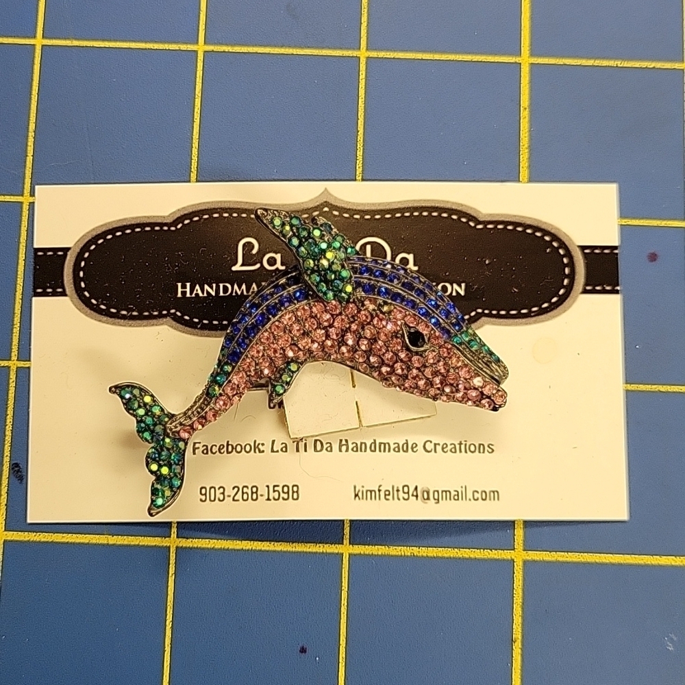 Whale Fish 2" Pin Colorful Rhinestone Brooch Beach Sea